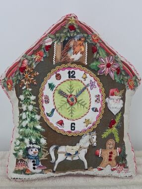 Embroidered Holiday House Pillow with Robin & Festive Motifs - Brown/Green